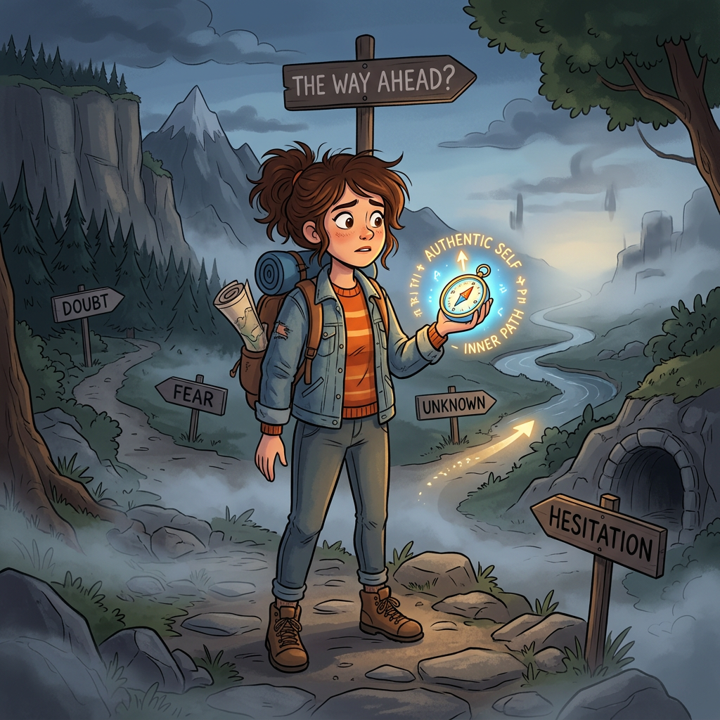 Traveler holding compass; signs read “THE WAY AHEAD?”, “DOUBT,” “FEAR,” “UNKNOWN,” “HESITATION,” “AUTHENTIC SELF,” and “INNER PATH.”